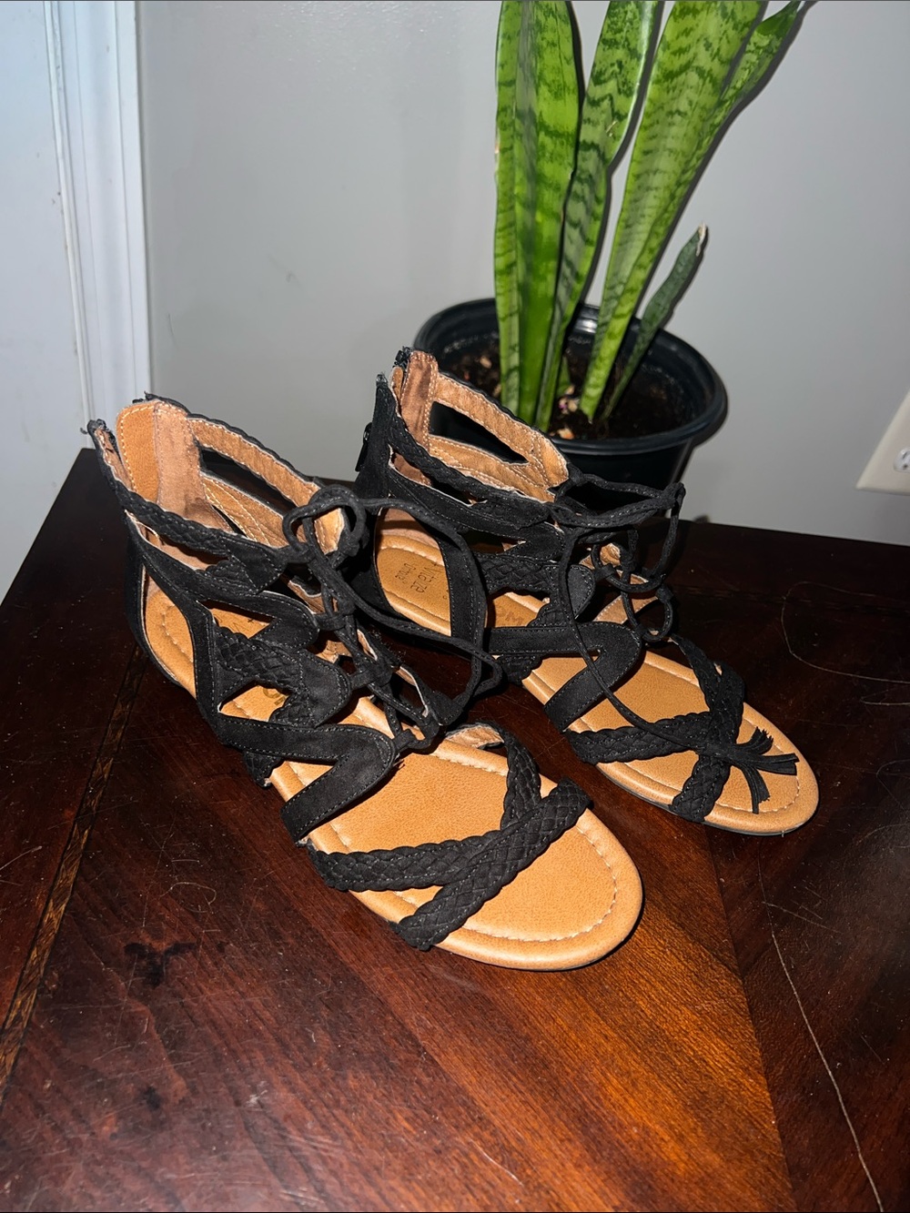 Black Braided Lace-Up Women's Sandals